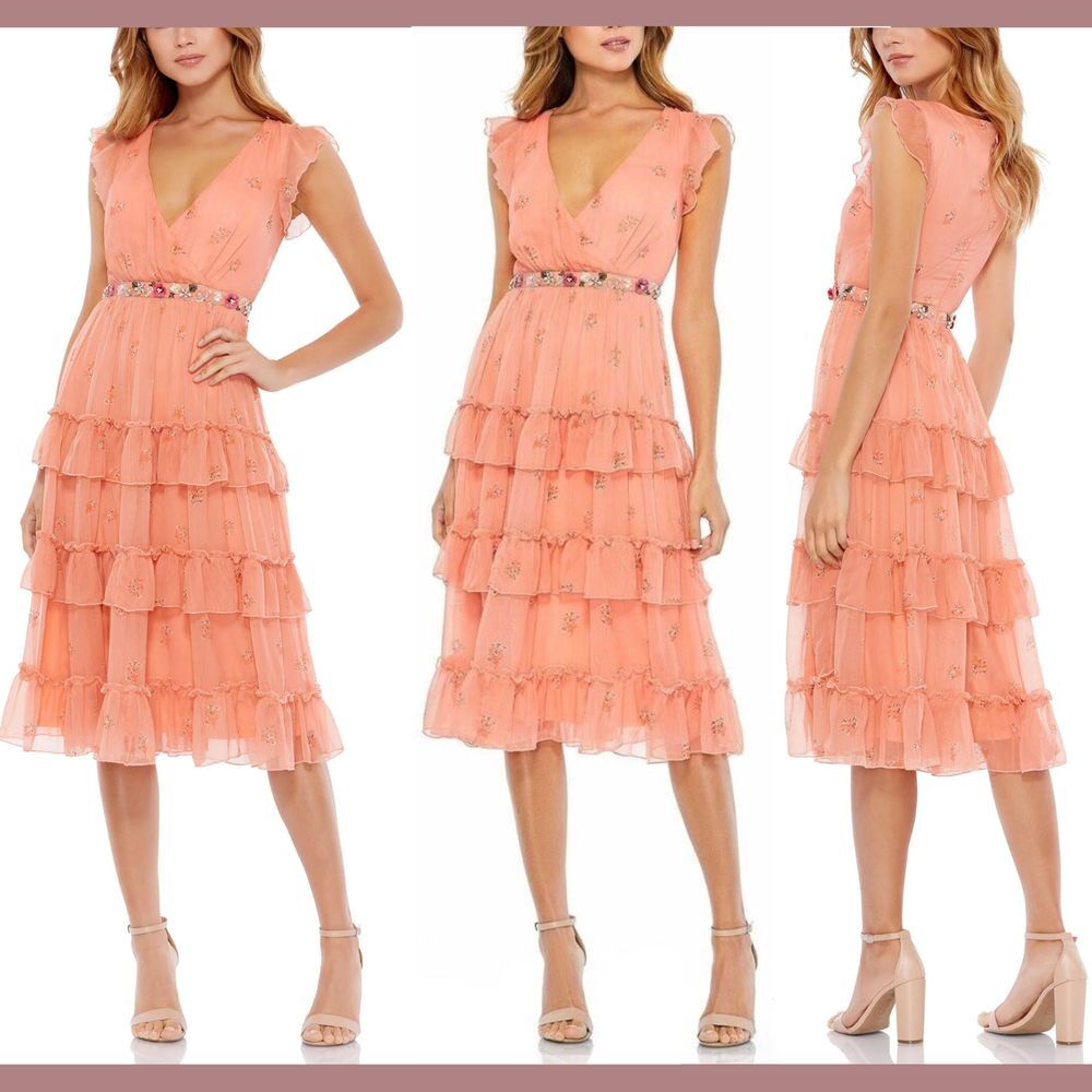 NEW Mac Duggal [‎ 8 ] 70115 Floral Ruffle Tiered Faux Wrap Dress Apricot #Q784